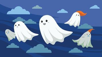 Illustration of whimsical ghosts floating in a night sky with clouds and a crescent moon, capturing a playful, spooky atmosphere perfect for Halloween-themed art vector