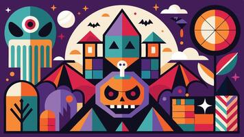 Colorful geometric artwork featuring a central skull design with vibrant elements inspired by culture and tradition, set against a dark background and illuminated by celestial shapes vector