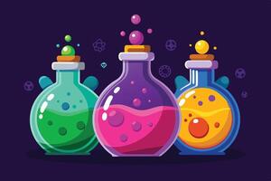 Colorful potion bottles filled with vibrant liquids sit on a dark background, showcasing various hues and bubbling effects, giving an enchanting and whimsical appearance vector