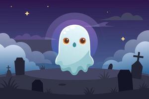 A cute cartoon ghost floating above a graveyard during a moonlit night with clouds and stars, creating a whimsical and spooky atmosphere vector