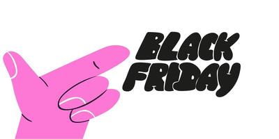 Set of modern posters for Black Friday Sale. Minimalistic abstract design for web banner, social media. Pink flat retro hand pointing at signboard Black Friday vector