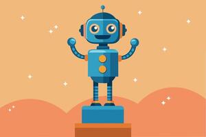 Cute android robot standing on the pedestal with rising hands vector
