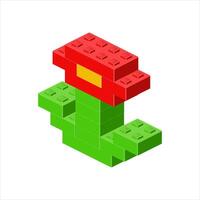 Red flower in isometric view assembled from plastic blocks. illustration vector