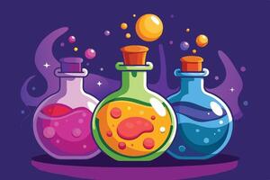 Colorful potion bottles filled with vibrant liquids sit on a dark background, showcasing various hues and bubbling effects, giving an enchanting and whimsical appearance vector