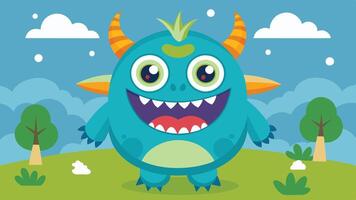 A cheerful blue monster with big eyes and colorful horns smiling against a bright green background, showcasing its joyful expression and playful features vector