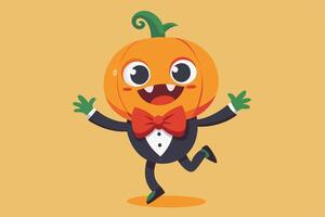 A cheerful pumpkin character in a tuxedo celebrates Halloween with excitement, showcasing a joyful dance on a plain background vector