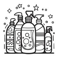 Bottles of Cleaning Products in Simple Line Art Style vector