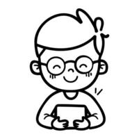 Happy Boy Holding Tablet Device with Joyful Expression vector