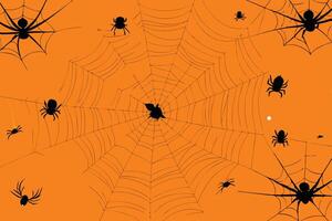 Dark spiders and intricate webs set against a vivid orange background create a striking Halloweenthemed visual full of autumnal charm and mystery vector