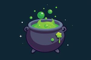 A bubbling cauldron filled with vibrant green potion, surrounded by floating bubbles and sparkles against a dark background in a whimsical setting vector