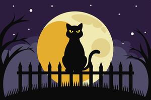 A black cat sitting proudly on a stone wall under a bright full moon at night surrounded by a rustic wooden fence and soft clouds vector
