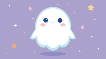 A cute cartoon ghost character with smiling face and rosy cheeks floating joyfully on a pastel background adorned with sparkles and stars vector