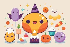 A colorful array of cute cartoon Halloween treats featuring smiling characters like candy corn, pumpkins, and playful creatures in a festive atmosphere vector