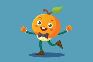 A cheerful pumpkin character in a tuxedo celebrates Halloween with excitement, showcasing a joyful dance on a plain background vector