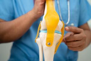 Asian doctor present knee joint model for elderly patient to surgery orthopedic. photo