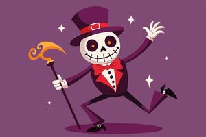A cheerful skeleton character dressed in formal attire, waving joyfully with a cane in hand against a pastel background vector
