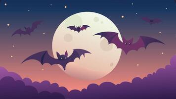 Bats flying across a full moon in a twilight sky with clouds during nighttime, creating a mystical atmosphere filled with shadows and light vector