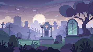 A serene graveyard at night under a full moon with ghostly clouds, featuring tombstones and trees, creating an eerie yet tranquil atmosphere often associated with Halloween vector