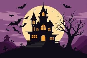 A spooky haunted house silhouette under a full moon with bats flying around, set in a dark purple twilight sky with a mysterious graveyard backdrop vector