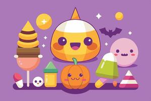 A colorful array of cute cartoon Halloween treats featuring smiling characters like candy corn, pumpkins, and playful creatures in a festive atmosphere vector