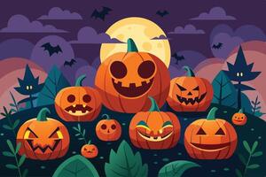 Spooky Halloween night with carved pumpkins under a full moon in a haunted forest featuring bats and dark trees vector