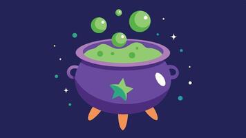 A colorful cauldron bubbling with a vibrant potion in a whimsical style, set against a cheerful purple background vector