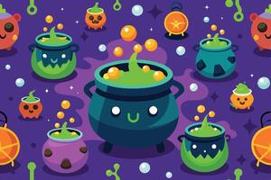 Colorful cartoonstyle cauldrons bubbling with bright potions and whimsical pumpkins in a festive Halloweenthemed background filled with stars and playful elements vector