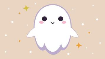 A cute cartoon ghost character with smiling face and rosy cheeks floating joyfully on a pastel background adorned with sparkles and stars vector
