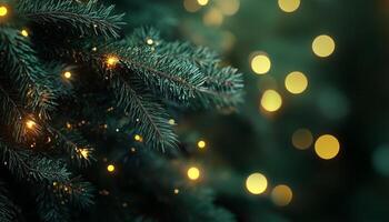 Dark green pine tree branches with yellow light blurred dramatic effect background photo