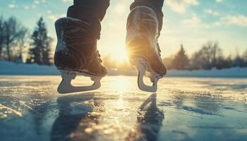 A pair of legs are ice skating on a frozen lake and reflection surface photo