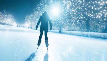 A pair of legs are ice skating on a frozen lake and reflection surface photo
