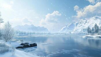 Snow covered landscape with frozen white tree and river winter season sky photo