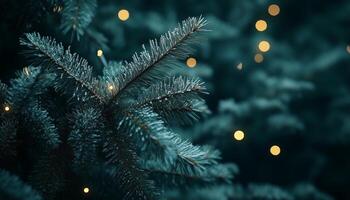 Dark green pine tree and branch with snow and yellow light blurred photo