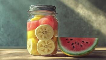 A glass jar filled with banana slices, orange and watermelon in wooden table photo