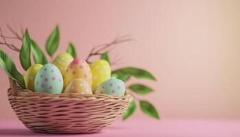 Egg on rattan basket and leaf with pattern on shell funny copy space pink background photo