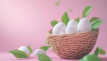 Egg on rattan basket and leaf with pattern on shell funny copy space pink background photo