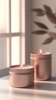 Mockup metallic gold candle tin container lighter for branding story background photo