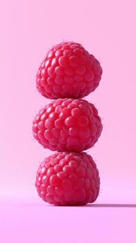 A stack of raspberry fruit balancing on top with solid background photo