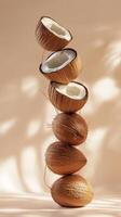 A stack of coconut fruit balancing vertical with isolated background photo