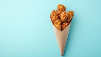 Fried chicken meal crunchy food on brown paper cone bag take away copy space photo