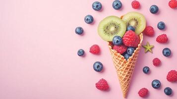 Kiwi and blueberry fruit slice parcel on brown paper wrapped parcel cone photo
