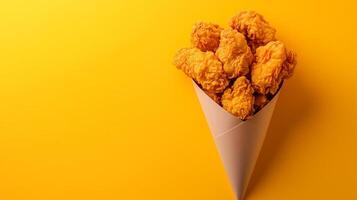 Fried chicken meal crunchy food on brown paper cone bag take away copy space photo