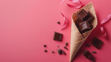 Chocolate bar on waffle crispy flat bread wrapped on solid background photo