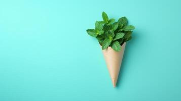 Mint green leaves on brown paper wrapped grocery delivery package with blue background photo