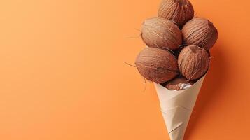 Coconut fruit on brown paper wrapped cone copy space orange background photo