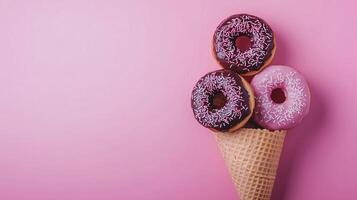 Donut waffle wrapped with topping cream on waffle flat cone wrapped copy space background photo