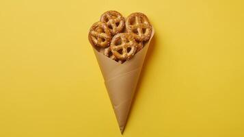 Pretzel wrapped on brown paper cone wrapped copy space background photo