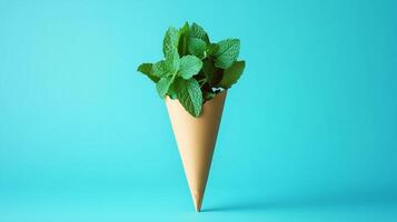Mint green leaves on brown paper wrapped grocery delivery package with blue background photo