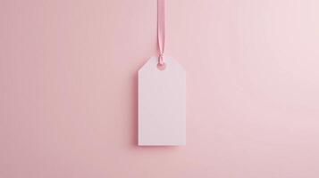 Paper price tag label white brand name with rope on solid pink background photo