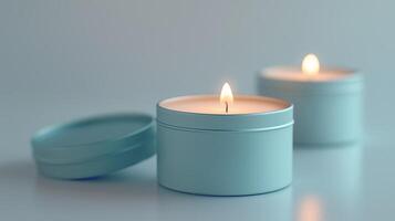 Tin candle minimalist mockup cylindrical container blue matte and shadow light wall photo